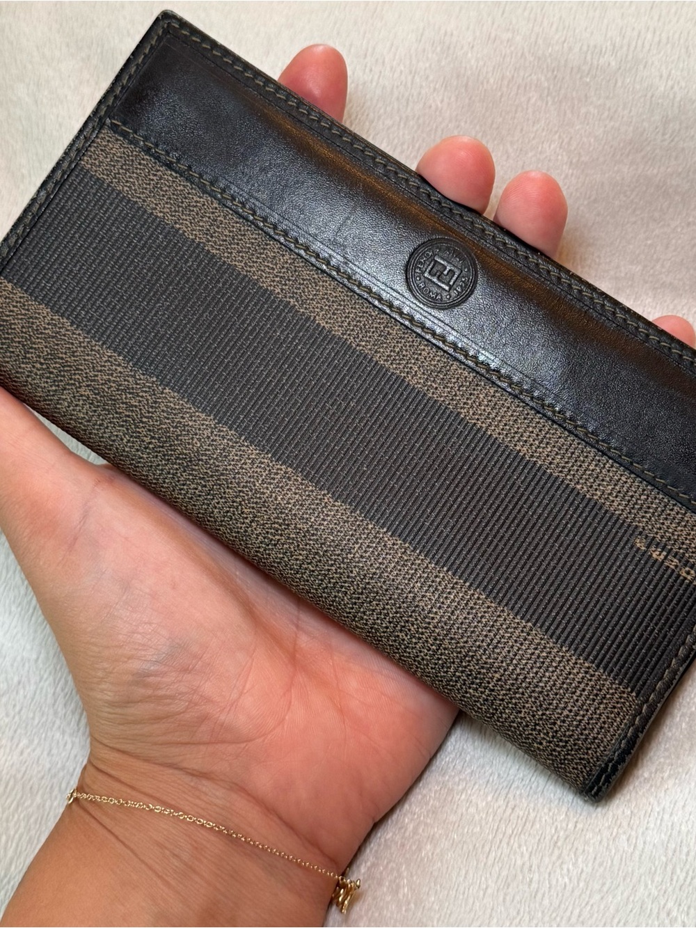 Vintage Fendi Dark Brown Striped Leather Checkbook Cover Wallet Made in Italy